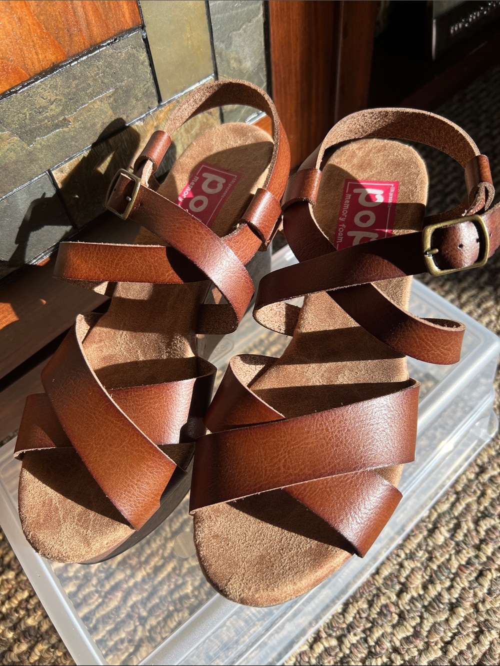 POP Canyon Wedge Brown Leather-Look Crossover Strap Sandals